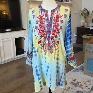 Calessa Floral Embroidered Tunic dress Top Women Boho 3/4 Sleeve Artsy  s